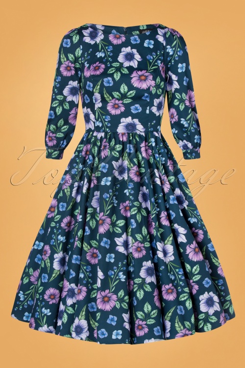 Hearts & Roses - 50s Maeve Floral Swing Dress in Blue 3