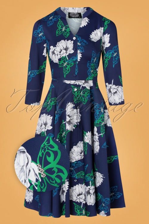 Hearts & Roses - 50s Gloria Floral Swing Dress in Blue  2