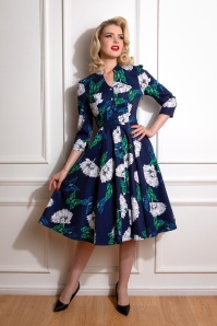 Hearts & Roses - Gloria Floral Swing Dress Années 50 en Bleu