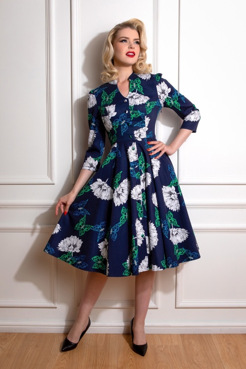 Hearts & Roses - Gloria Floral Swing Dress Années 50 en Bleu