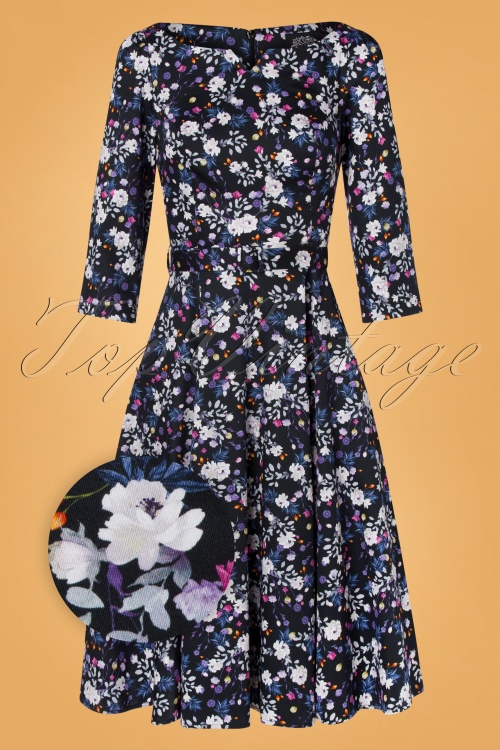Hearts & Roses - 50s Femmie Floral Swing Dress in Black and Purple 2