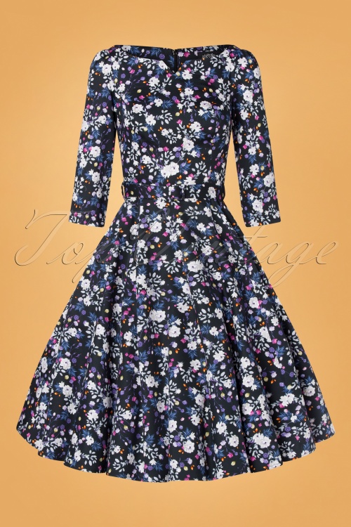 Hearts & Roses - 50s Femmie Floral Swing Dress in Black and Purple 3