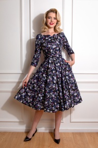 Hearts & Roses - 50s Femmie Floral Swing Dress in Black and Purple