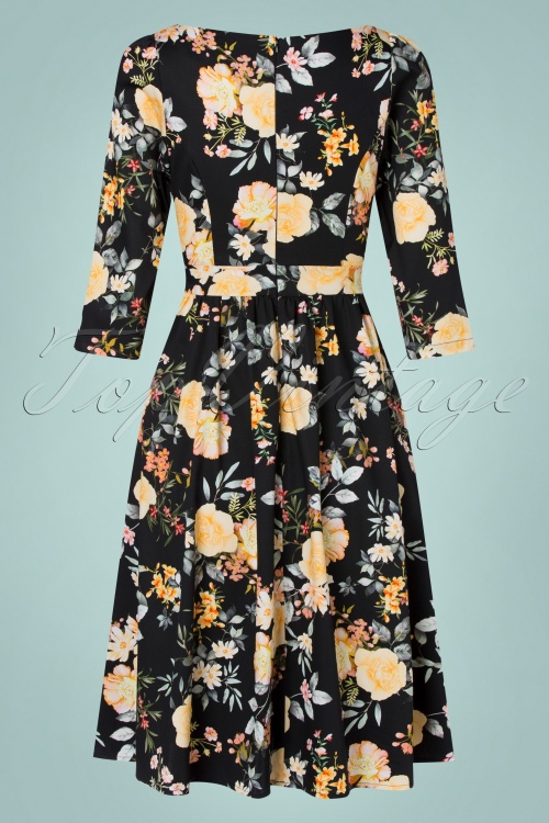 Hearts & Roses - 50s Eleanor Floral Swing Dress in Black 4