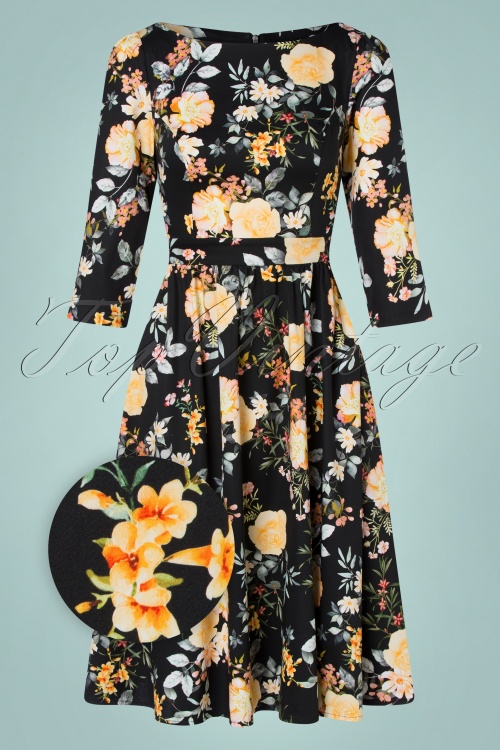 Hearts & Roses - 50s Eleanor Floral Swing Dress in Black 2