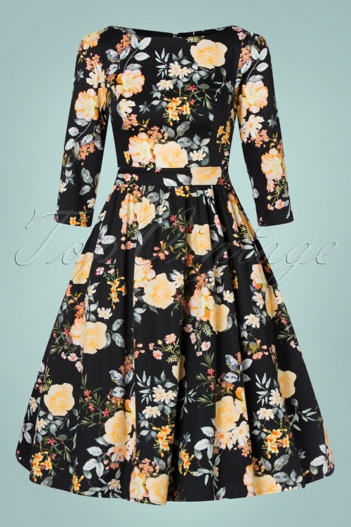Hearts & Roses - 50s Eleanor Floral Swing Dress in Black 3