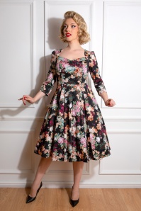 Hearts & Roses - Gabriella Floral Swing Dress Années 50 en Noir