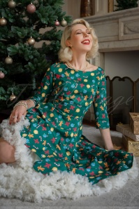 Topvintage Boutique Collection - Exclusief bij Topvintage ~ Adriana Gingerbread swing jurk met lange mouwen in groen