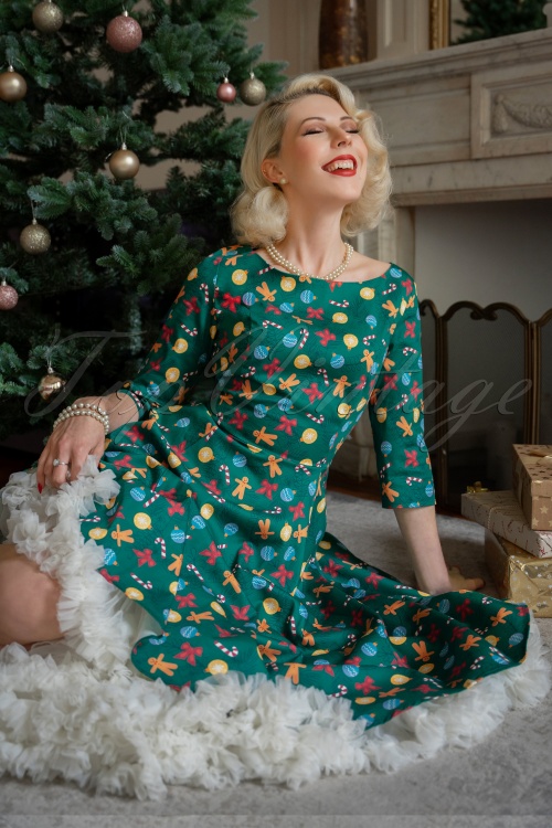 Topvintage Boutique Collection - Exclusief bij Topvintage ~ Adriana Gingerbread swing jurk met lange mouwen in groen