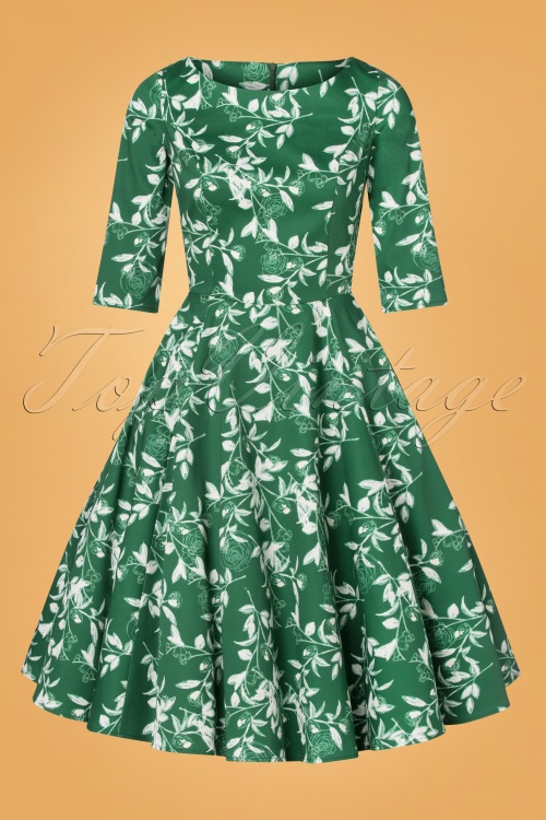 Topvintage Boutique Collection - Topvintage exclusive ~ 50s Adriana Floral Long Sleeve Swing Dress in Green 2