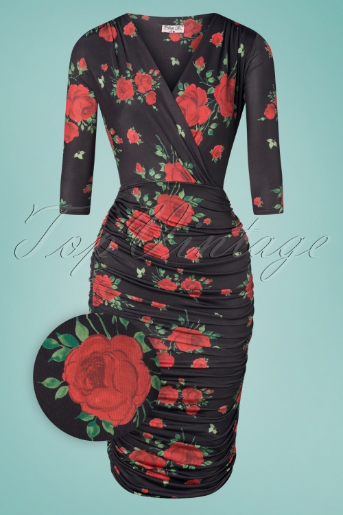 Vintage Chic for Topvintage - Emma Red Rose pencil jurk in zwart