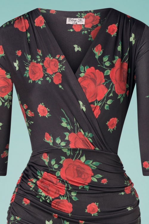 Vintage Chic for Topvintage - Emma Red Rose pencil jurk in zwart 2