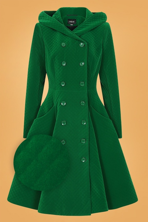 Collectif Clothing - Heather Quilted Velvet Swing Coat Années 50 en Vert 2