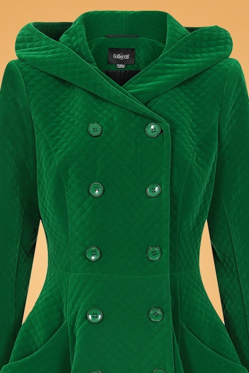 Collectif Clothing - 50s Heather Quilted Velvet Swing Coat in Green 3