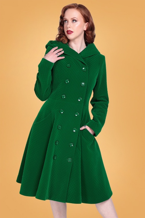 Collectif Clothing - 50s Heather Quilted Velvet Swing Coat in Green