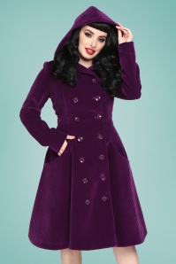 Collectif Clothing - 50s Heather Quilted Velvet Swing Coat in Purple