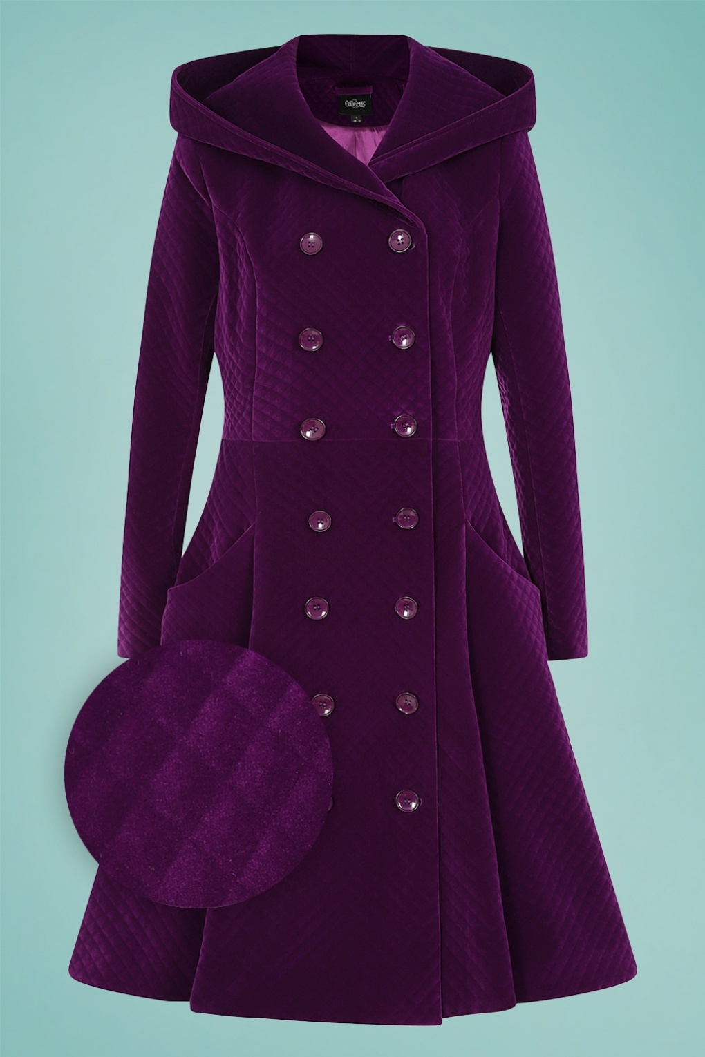 Collectif Clothing 50s Heather Quilted Velvet Swing Coat in Purple