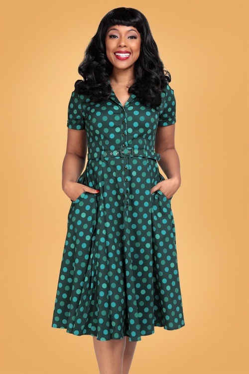 Collectif Clothing - 50s Caterina Jewel Polka Swing Dress in Green 2