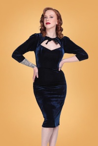 Collectif Clothing - Ancilla Velvet Pencil Dress Années 50 en Bleu