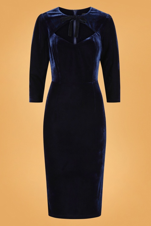 Collectif Clothing - Ancilla Velvet Pencil Dress Années 50 en Bleu 2