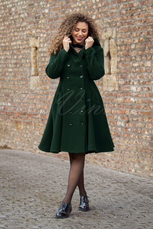 Collectif Clothing - Heather Hooded Swing Coat Années 50 en Vert Sapin