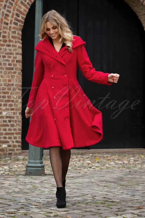 Collectif Clothing - Heather Hooded Swing Coat Années 50 en Rouge