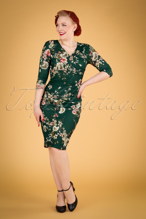 Vintage Chic for Topvintage - Vera Floral Pencil Dress Années 50 en Vert Foncé