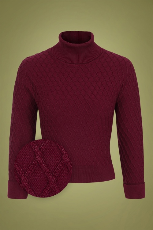 Collectif Clothing - 60s Rai Knitted Roll Neck Jumper in Burgundy