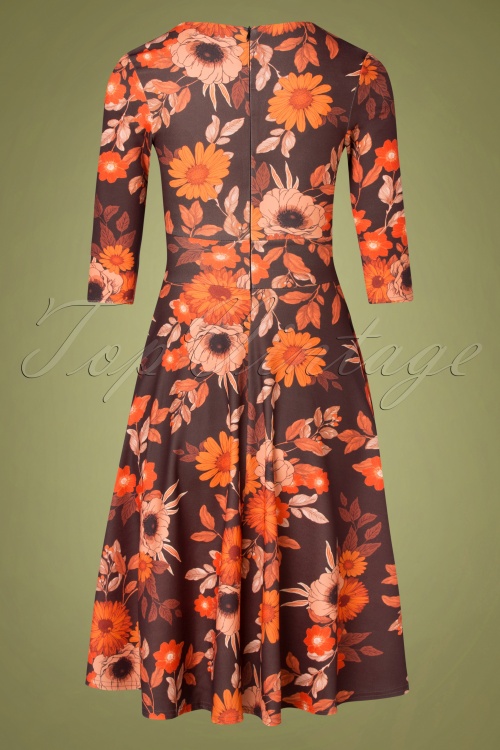 Vintage Chic for Topvintage - Maddison Floral swing jurk in bruin en oranje 4