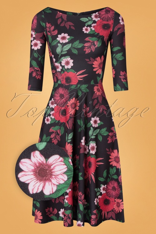 Vintage Chic for Topvintage - Izabella bloemen swing jurk in zwart en rood