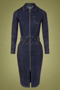 Queen Kerosin - 50s Workwear Denim Pencil Dress in Dark Blue Wash