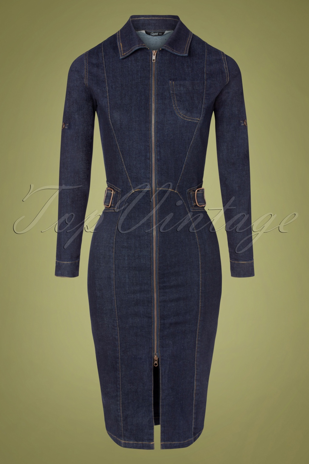 Queen Kerosin | 50s Workwear Denim Pencil Dress in Dark Blue Wash