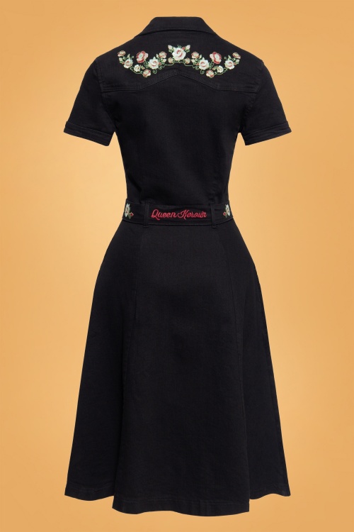 Queen Kerosin - Rodeo flowers swing jurk in zwart denim 5