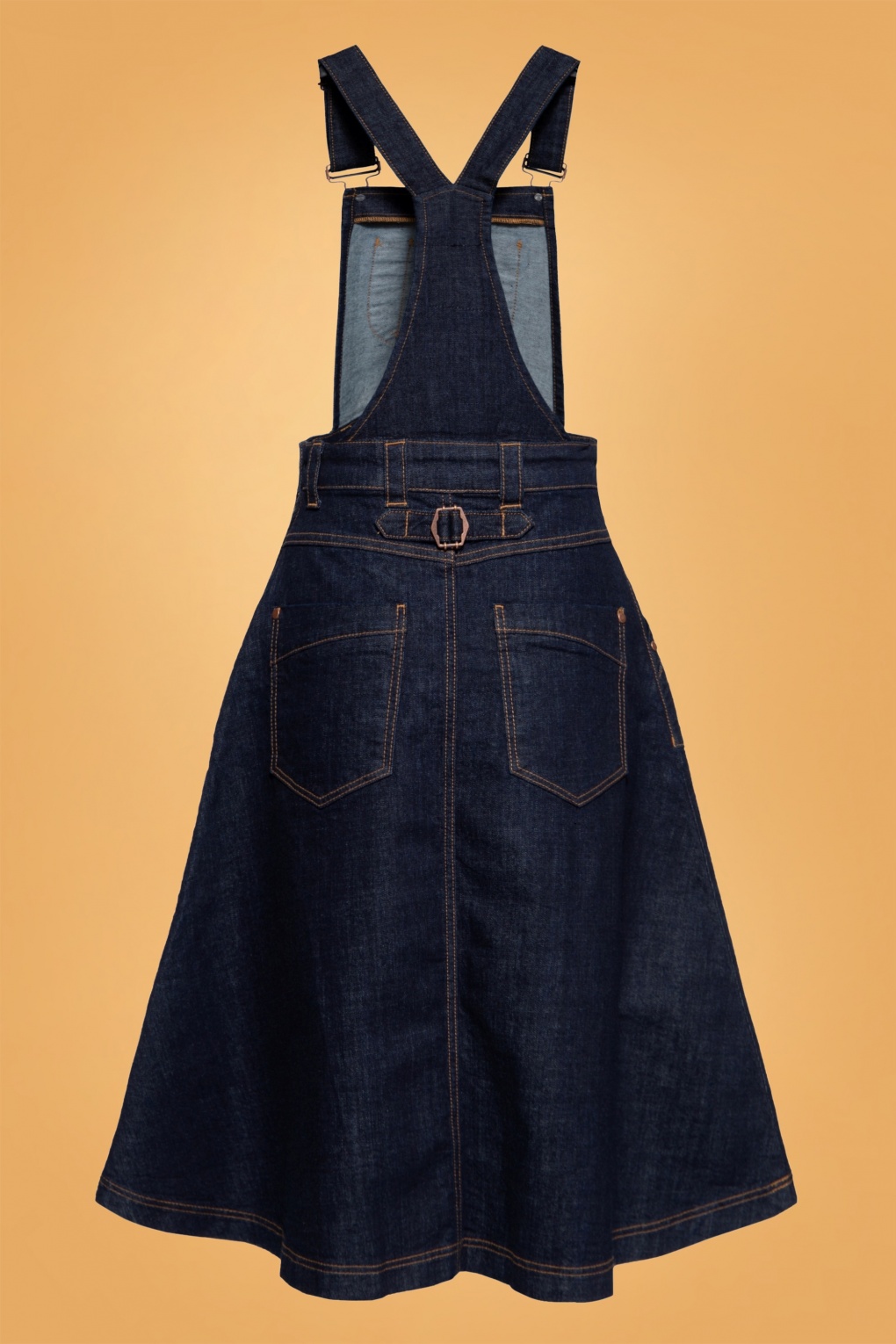 Queen Kerosin | 50s Workwear Denim Dungaree Swing Skirt in Dark Blue Wash