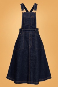 Queen Kerosin - 50s Workwear Denim Dungaree Swing Skirt in Dark Blue Wash