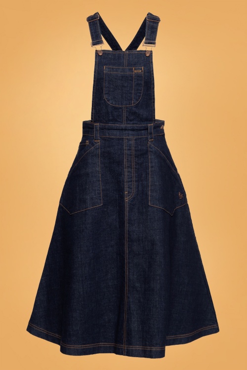 Queen Kerosin - Workwear Denim Dungaree Swing Skirt Années 50 en Bleu Foncé Délavé