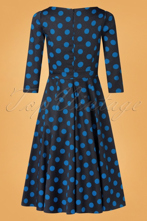 Hearts & Roses - 50s Melena Polkadot Swing Dress in Black and Blue 5