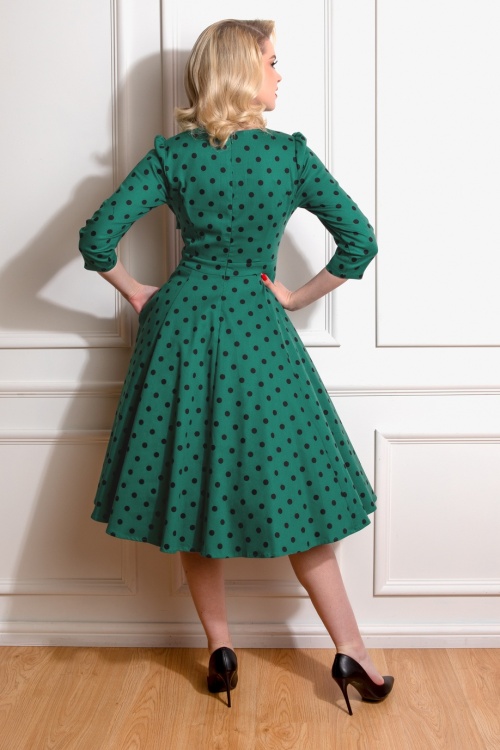 Hearts & Roses - 50s Finley Polka Dot Swing Dress in Green and Black 2