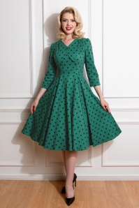 Hearts & Roses - 50s Finley Polka Dot Swing Dress in Green and Black