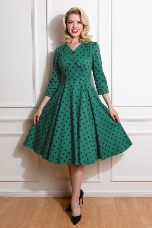 Hearts & Roses - 50s Finley Polka Dot Swing Dress in Green and Black