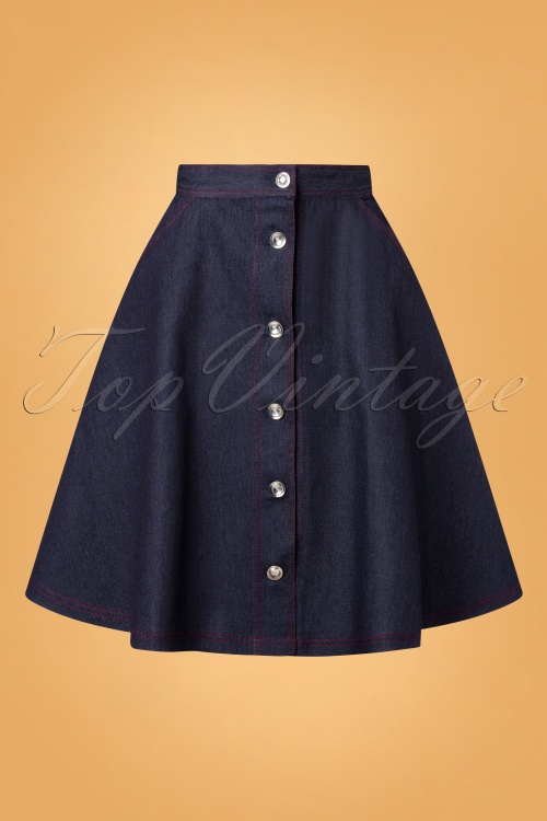 Unique Vintage - 50s Diane Swing Skirt in Dark Denim Blue  2