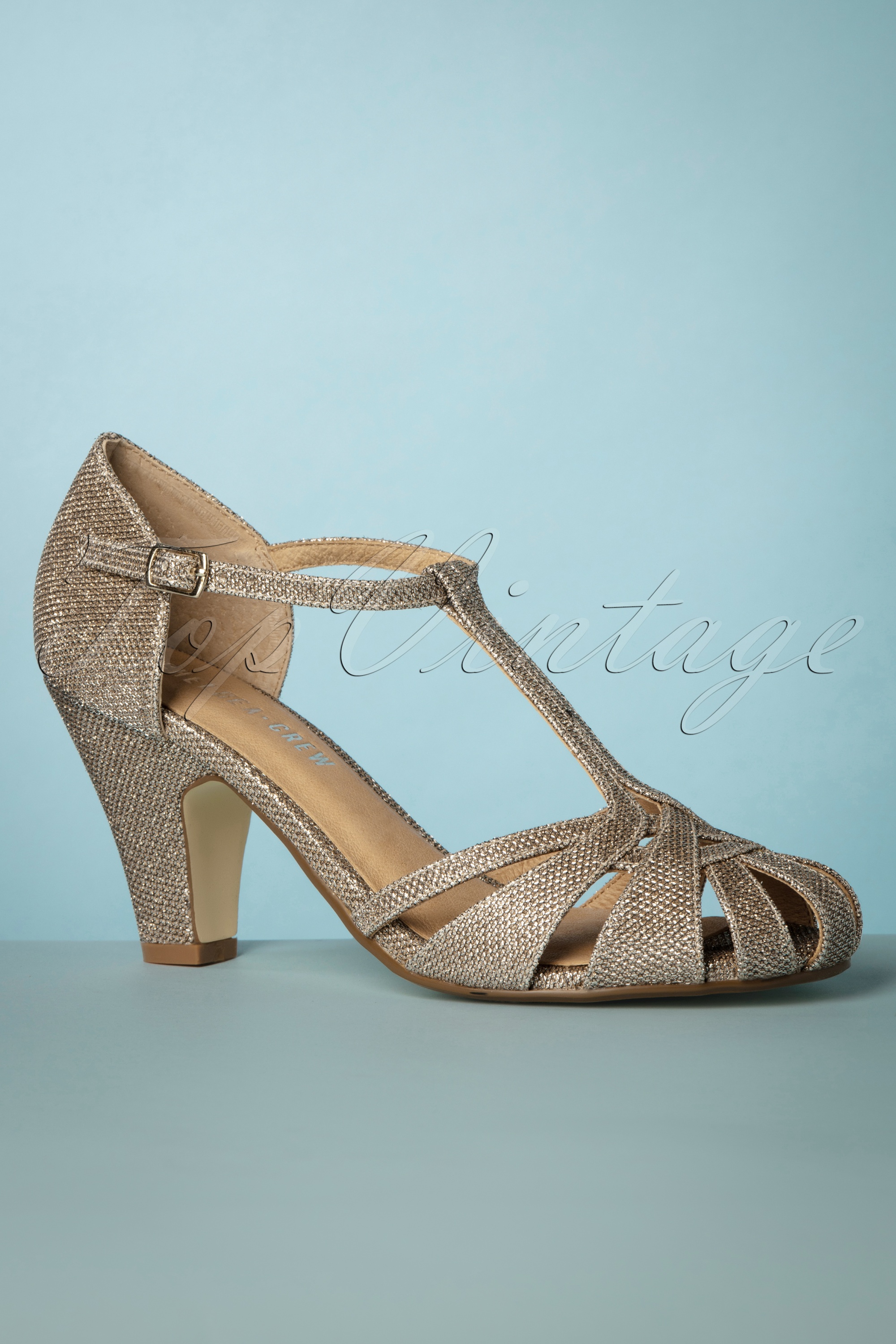 Chelsea Crew 50s Sergi T-Strap Pumps in Dazzling Gold | Shop