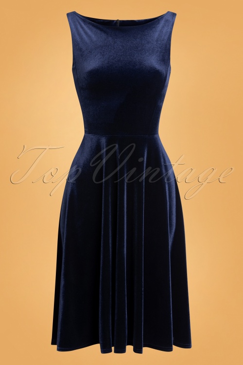 Vintage Chic for Topvintage - Vivienne fluwelen swing jurk in marineblauw