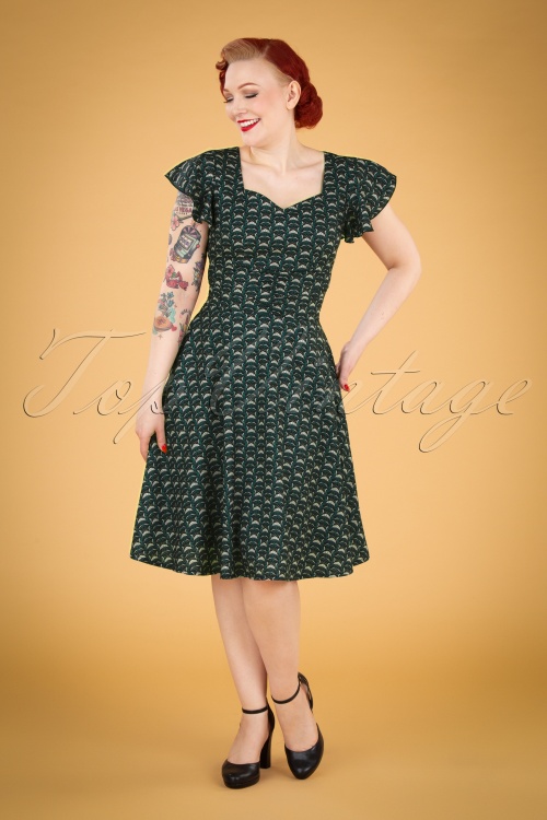 Vixen - 50s Fiona Flare Dress in Black and Green