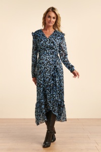 Smashed Lemon - Steffi Floral Maxi Dress Années 70 en Noir et Bleu