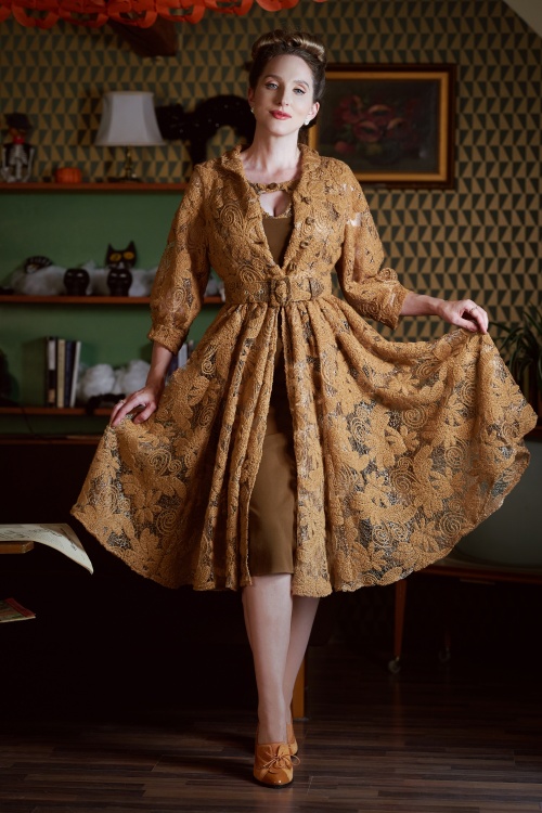 Miss Candyfloss - 50s Portia Dora Embroidered Overcoat in Caramel
