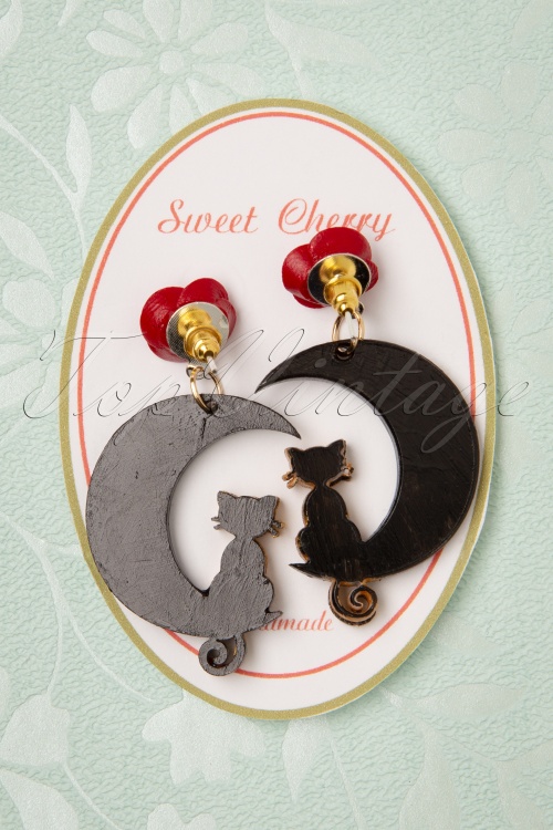 Sweet Cherry - 50s Golden Cat Black Moon Earrings 2
