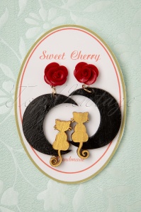 Sweet Cherry - Golden Cat Black Moon Earrings Années 50