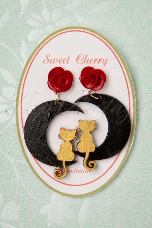 Sweet Cherry - Golden Cat Black Moon Earrings Années 50