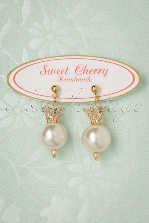 Sweet Cherry - Golden Crown Pearl Earrings Années 50 en Ivoire
